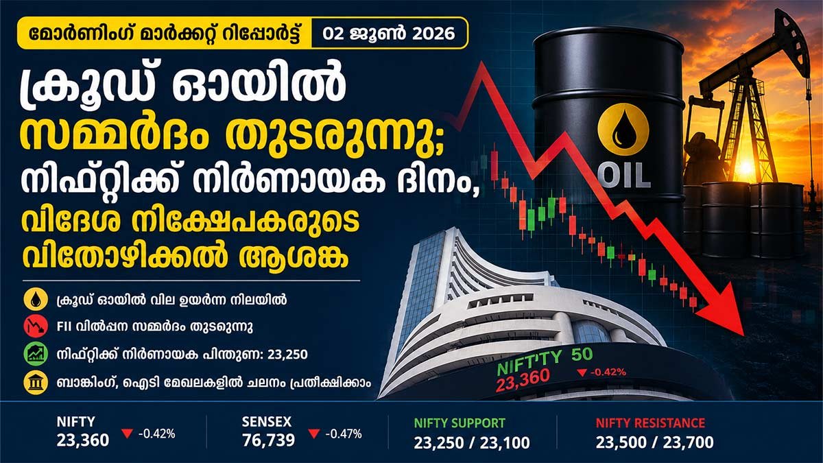 ക്രൂഡ് ഓയിൽ സമ്മർദ്ദം തുടരുന്നു; നിഫ്റ്റിക്ക് നിർണായക ദിനം, വിദേശ നിക്ഷേപകരുടെ വിറ്റൊഴിക്കൽ ആശങ്ക: മാർക്കറ്റ് റിപ്പോർട്ട് – 02 ജൂൺ 2026