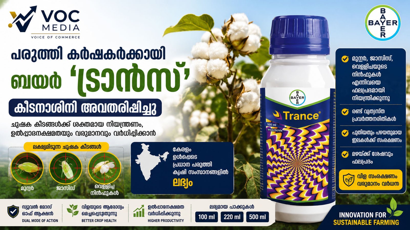 പരുത്തി കർഷകർക്ക് പുതിയ സംരക്ഷണം; ബെയർ 'ട്രാൻസ്' കീടനാശിനി ഇന്ത്യയിൽ അവതരിപ്പിച്ചു